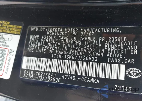 2007 Toyota Camry Le из США, поврежденный, VIN 4T1BE46K67U720833